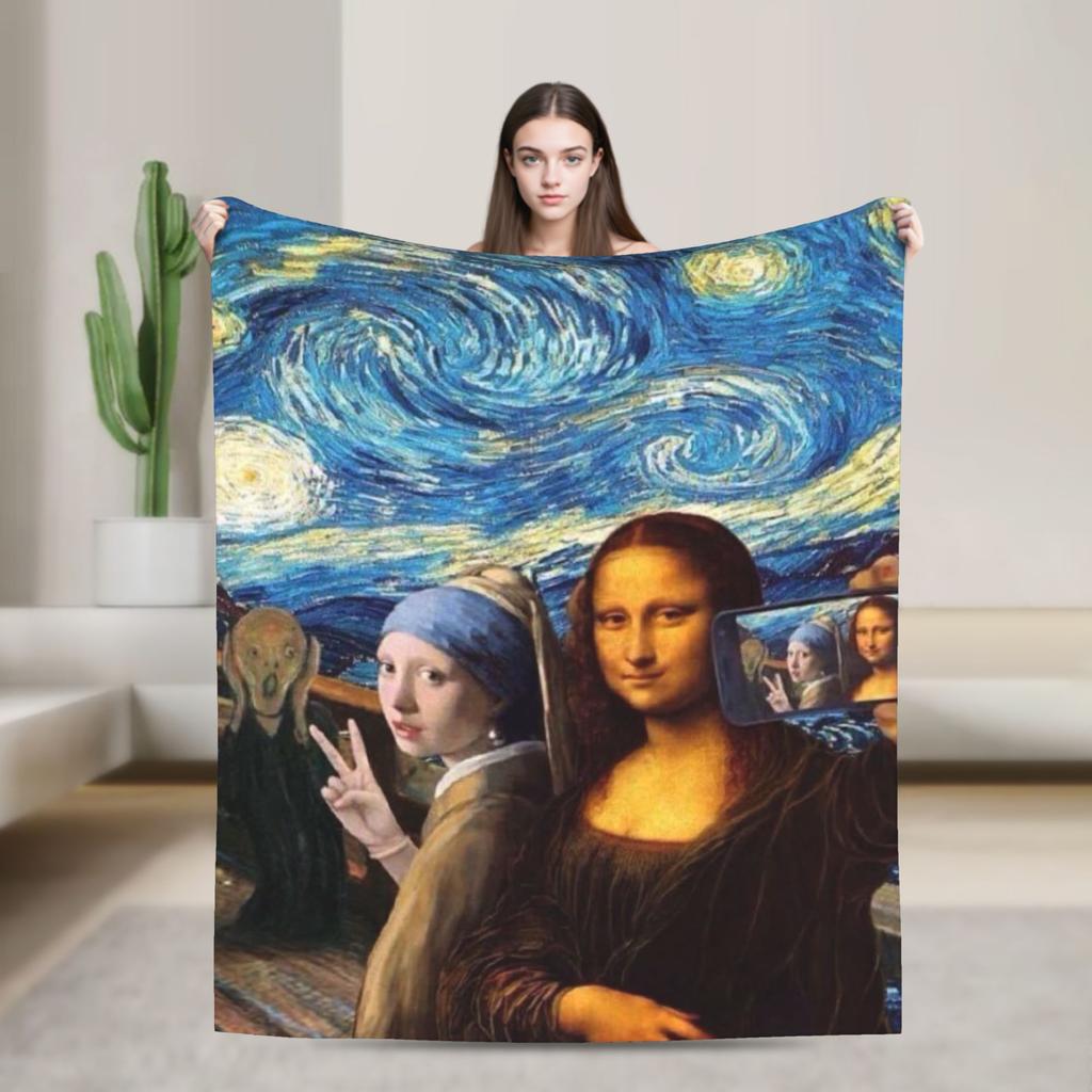 Starry Night Mona Lisa Throw Blanket Cozy Fashion Blanket  For Couch Chair Travel Car Flannel Bedspread Bed Cover