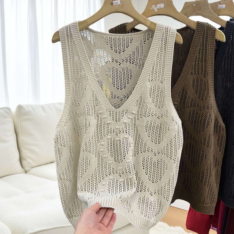 Senior Women's V-Neck Hollow-Out Knitted Vest Spring Fashion Layering Cardigan Cover-Up