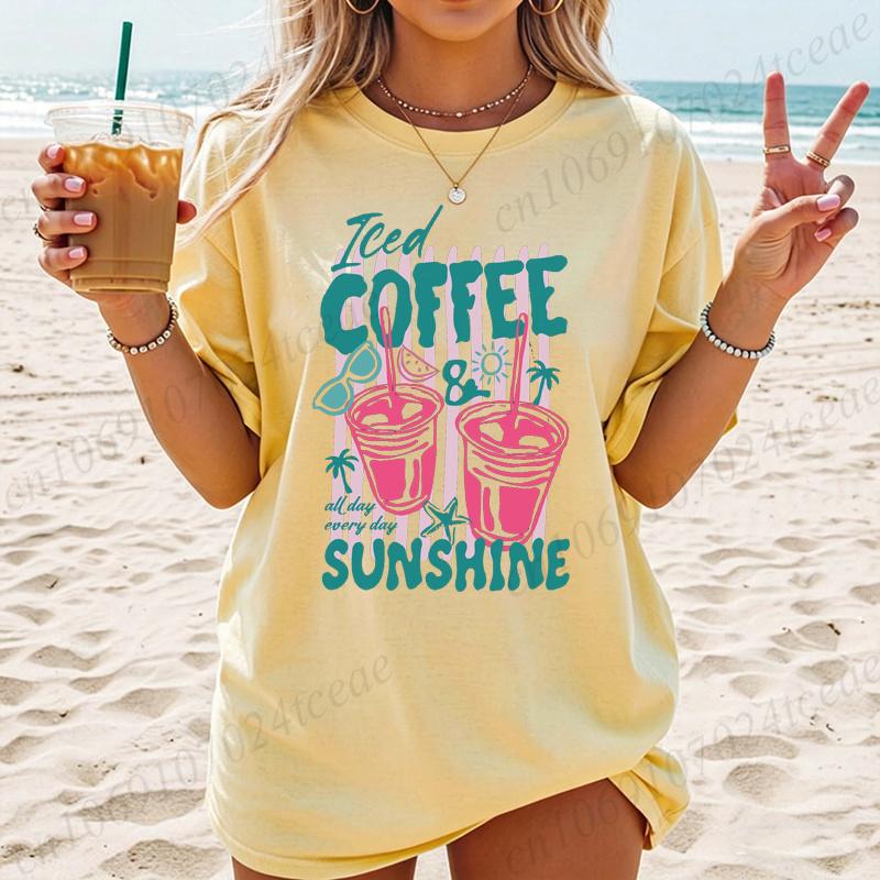 Summer New Fashion T-Shirts Coffee Graphic Women's T-Shirt Sunshine Beach Graphic Clothing Cute Drink Aesthetic Women Tee Tops