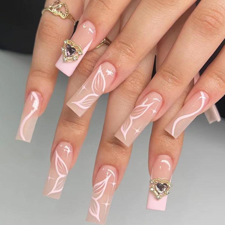 Barbie Pink French Wearing Nail Butterfly Wearing Nail Long Coffin Nail Three-Dimensional Love Nail Patch Fake Nail