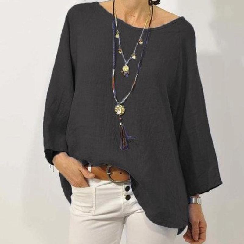 

Женская одежда Топ однотонный льняной круглый вырез рукав реглан рукав три четверти футболки 4XL чёрный