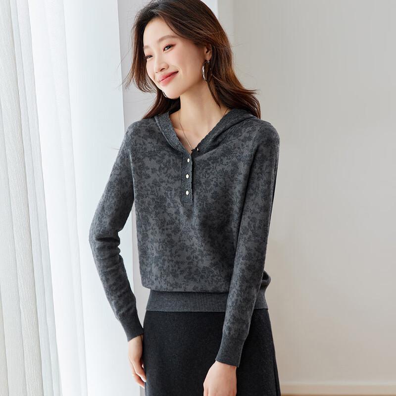 

Women s Short Hooded Lace-Knit Wool Blend Sweater M