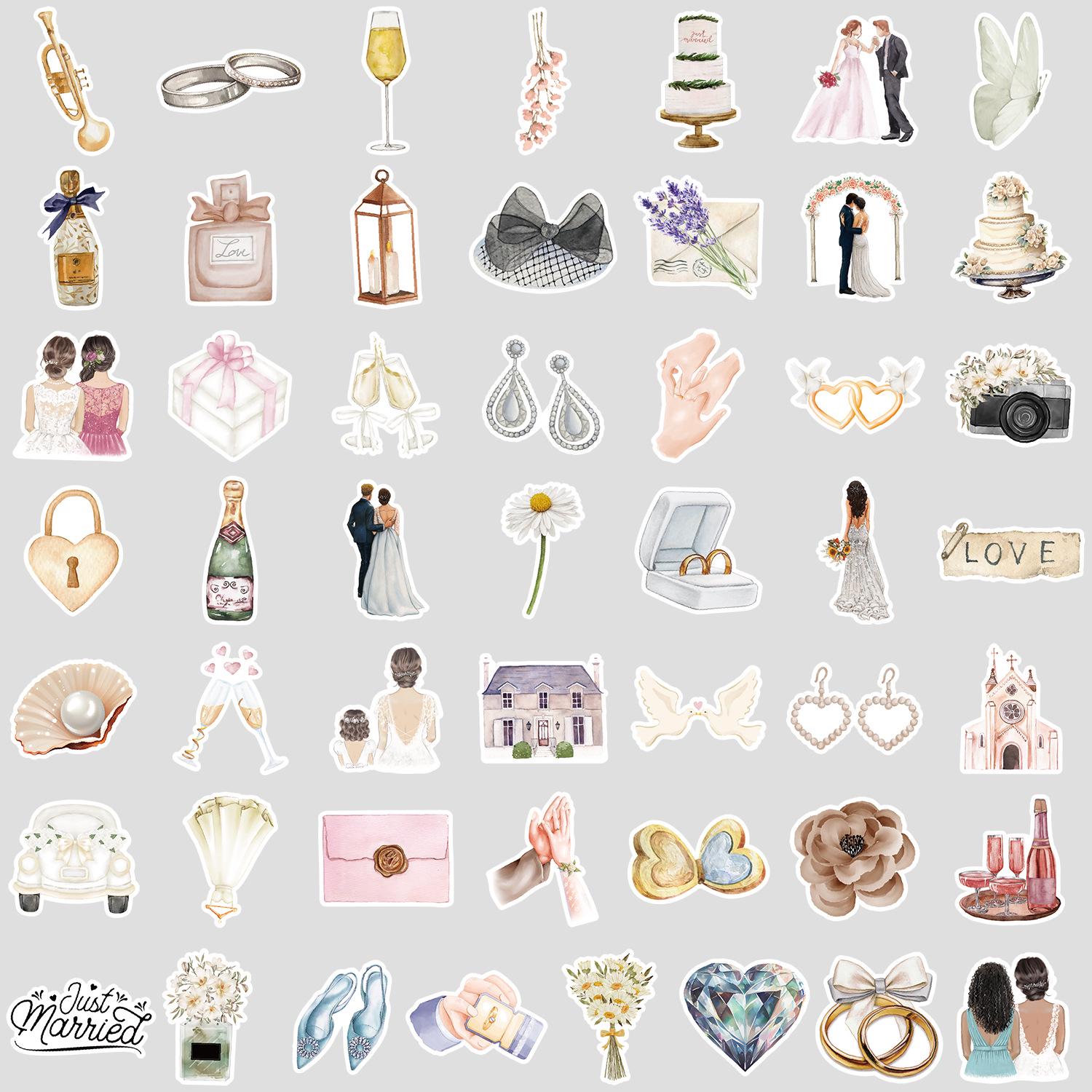 50-Pack Waterproof Watercolor Wedding Doodle Stickers for Cups and Luggage - Creative Stationery Decor