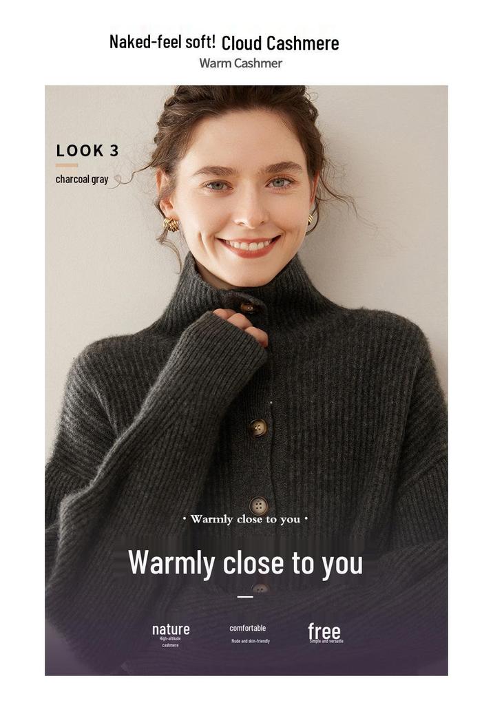 Heavyweight Cashmere Slim Fit High Neck Cardigan: Autumn/Winter European American Style Women's Sweater