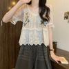 Camicetta da Donna a Maniche Corte in Chiffon Ricamo Floreale Retrò Francese Intreccio Traforato Top Stile Etnico Estivo