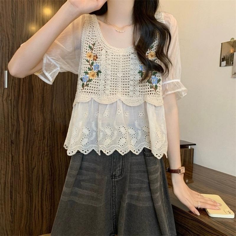 Camicetta da Donna a Maniche Corte in Chiffon Ricamo Floreale Retrò Francese Intreccio Traforato Top Stile Etnico Estivo