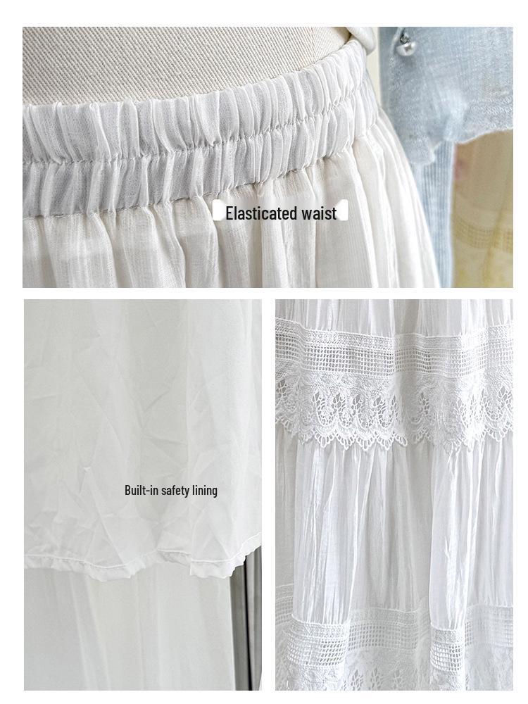 2026 Spring/Summer Gentle Style Girly A-line Layered Skirt with Lace Trim & Elastic High Waist