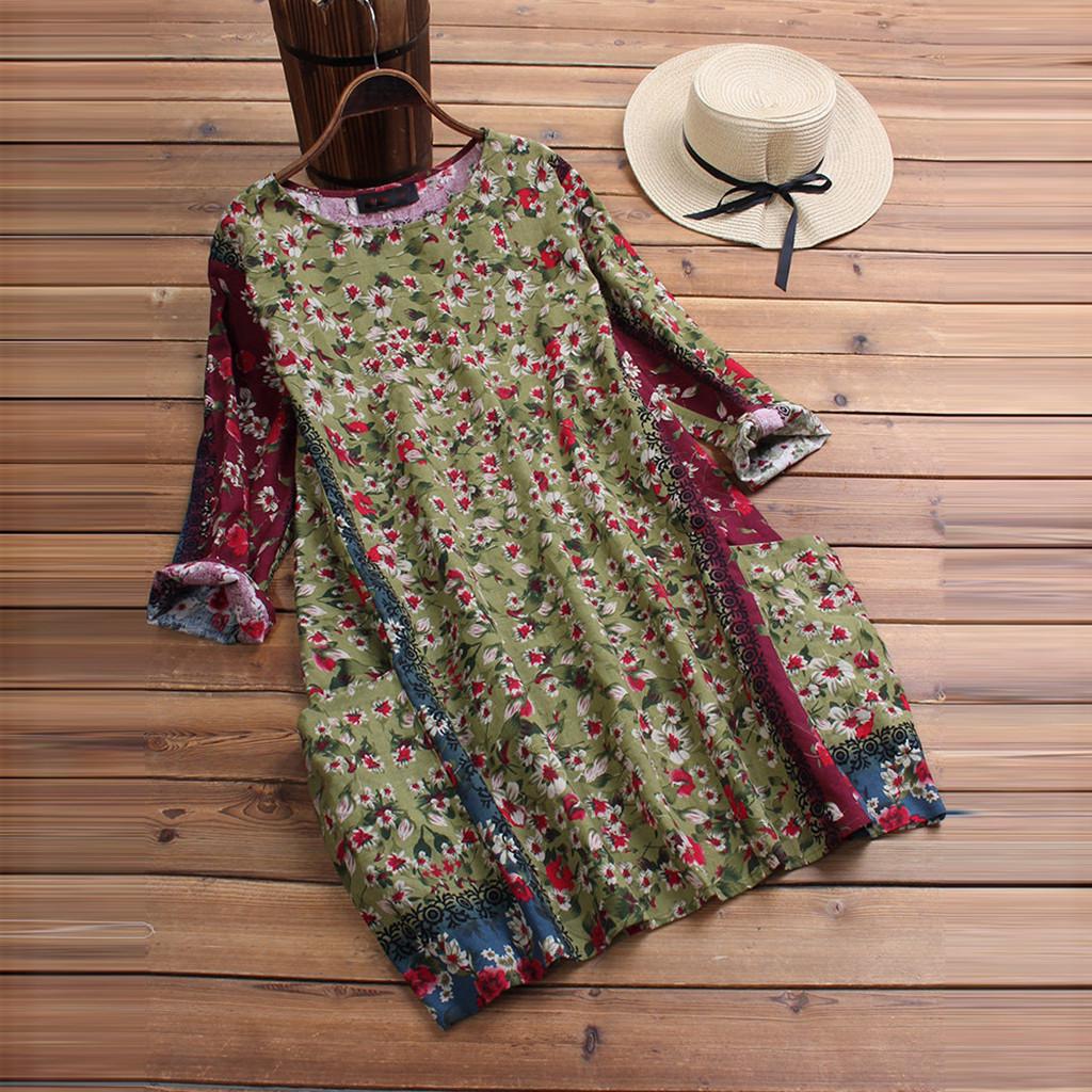 

Женская винтажная блузка с круглым вырезом и цветочным принтом в стиле пэчворк с длинными рукавами M зелёный