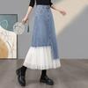 Women's Irregular Mesh Patchwork High-Waisted Mid-Length Denim Skirt