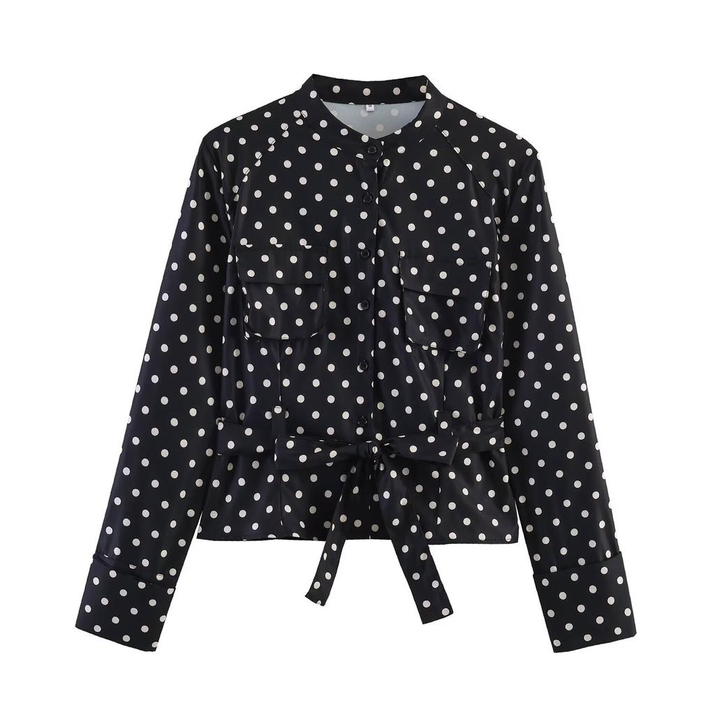 European and American style, wholesale women's cross-border polka dot shirt jacket + Capri pants + high waist and naked pants