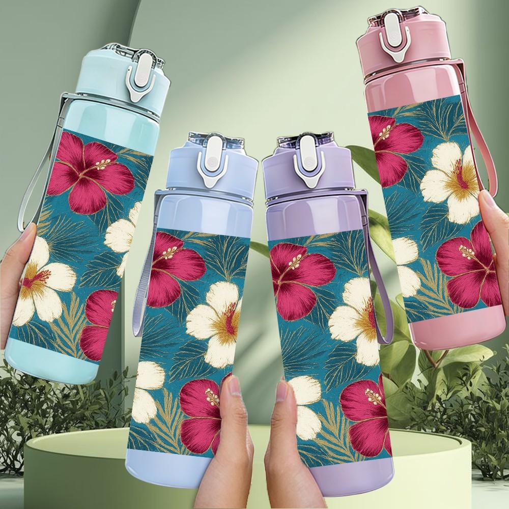 1PC Mixed Red White Wildflowers 750ml Color Plastic Sports Water Bottle Leakproof Flip Straw Lid Suitable for Sports Office Home Use