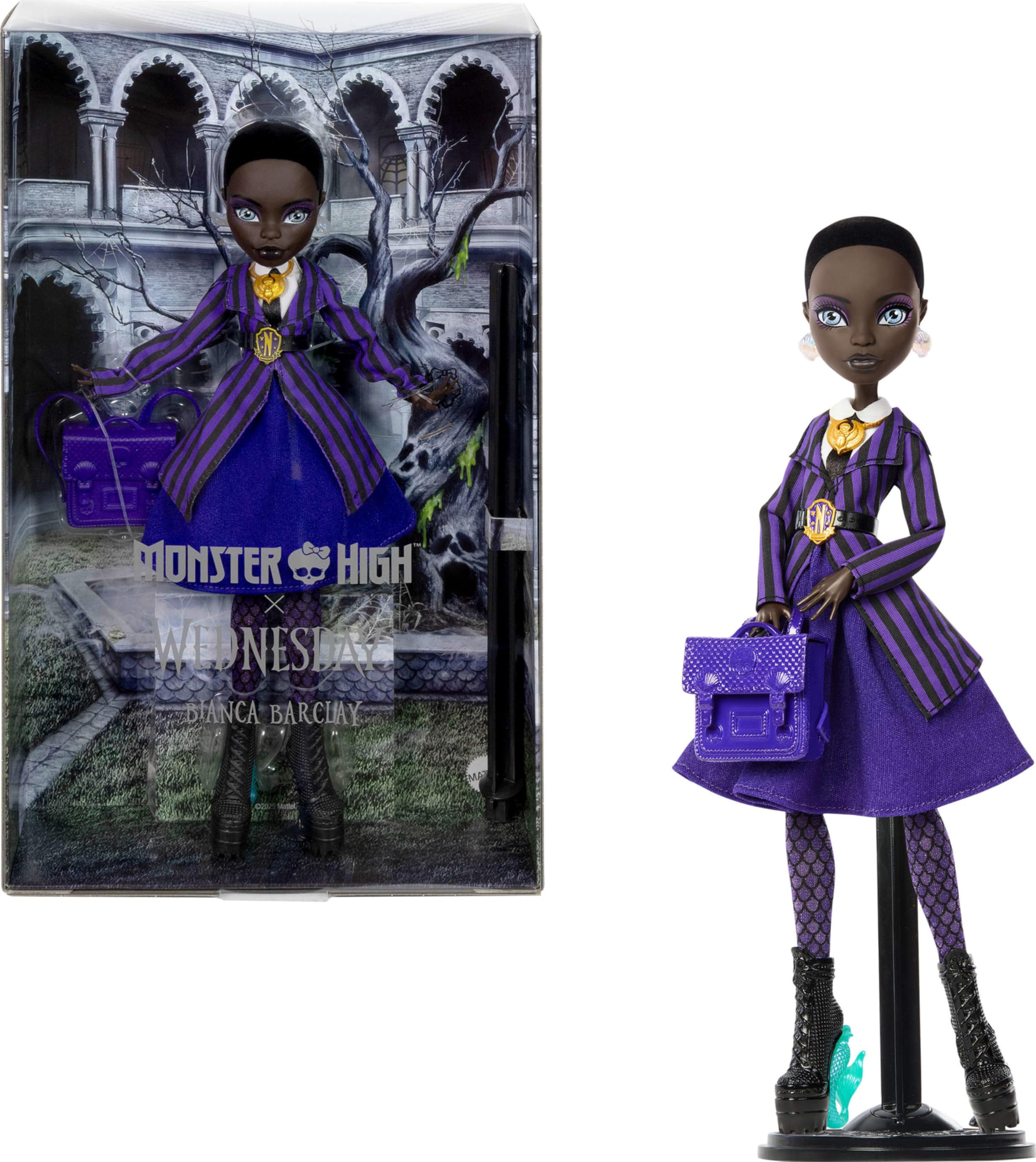 Кукла и аксессуары Monster High x Уэнсдей, Коллекционная кукла Бьянка Баркли в форме Академии Невермор с амулетом Сирены, Рюкзак и подставка для кук