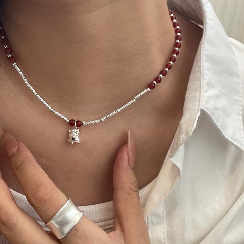 Ticky Red Agate Christmas Necklace S925 Silver Bow Bell Clavicle Chain