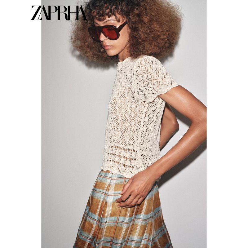 Zaprha 2025 Autumn New Women Versitile Fashion Mesh Hollow Knitted Round Neck Short Sleeve Top 6236104