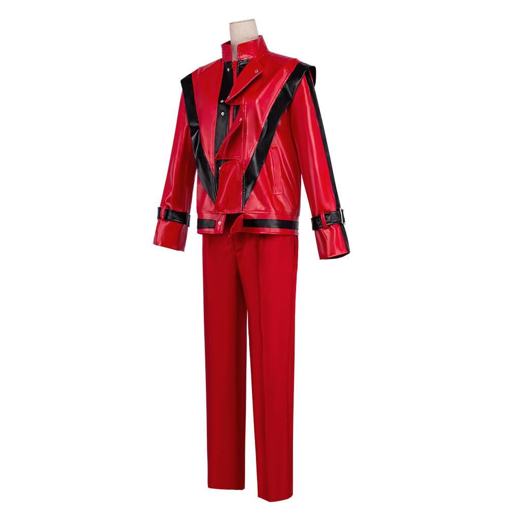 Costume Cosplay di Michael Jackson Giacca Rossa in Pelle e Pantaloni per Artisti da Palco