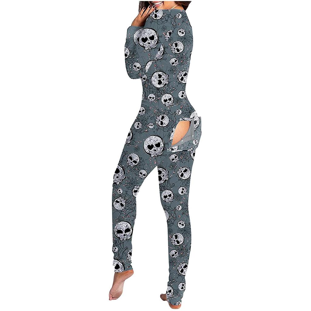 Women's Button-Down Halloween Print Functional Buttoned Flap Adults Jumpsuit