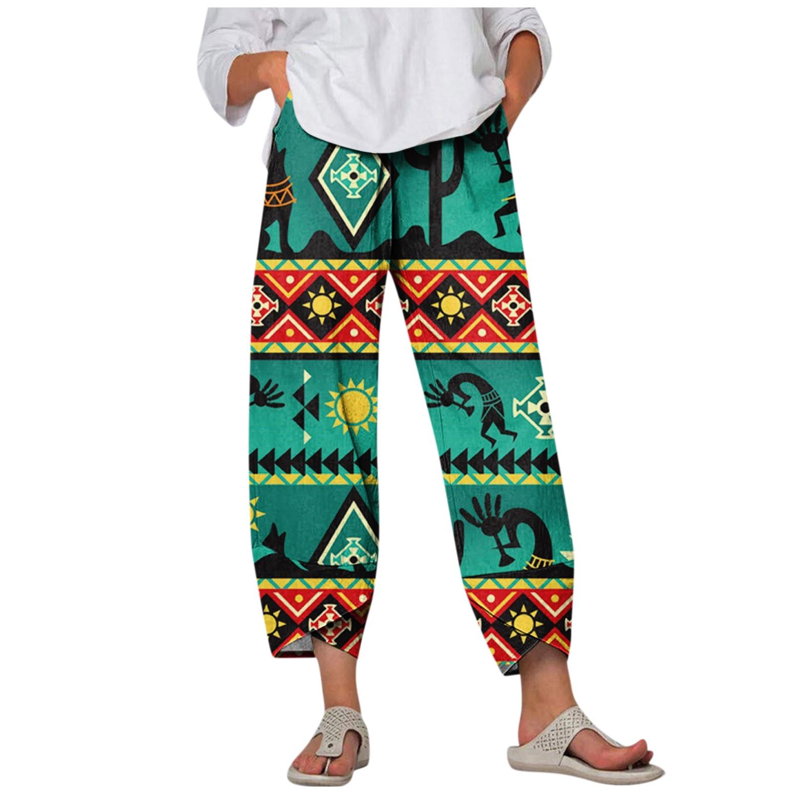 

(SU)Женские летние модные легкие повседневные брюки с этническим принтом и карманами, брюки