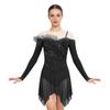 Womens Long Sleeve Bodysuit Dress Rhinestones Sheer Mesh Hem Buttoned Crotch Latin Dance Wear