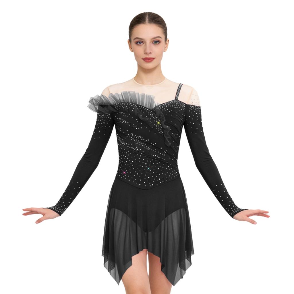 Womens Long Sleeve Bodysuit Dress Rhinestones Sheer Mesh Hem Buttoned Crotch Latin Dance Wear