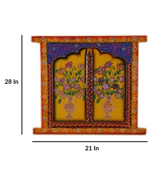 Hand-Painted Wooden Jharokha: Antique Indian Window Wall Decor