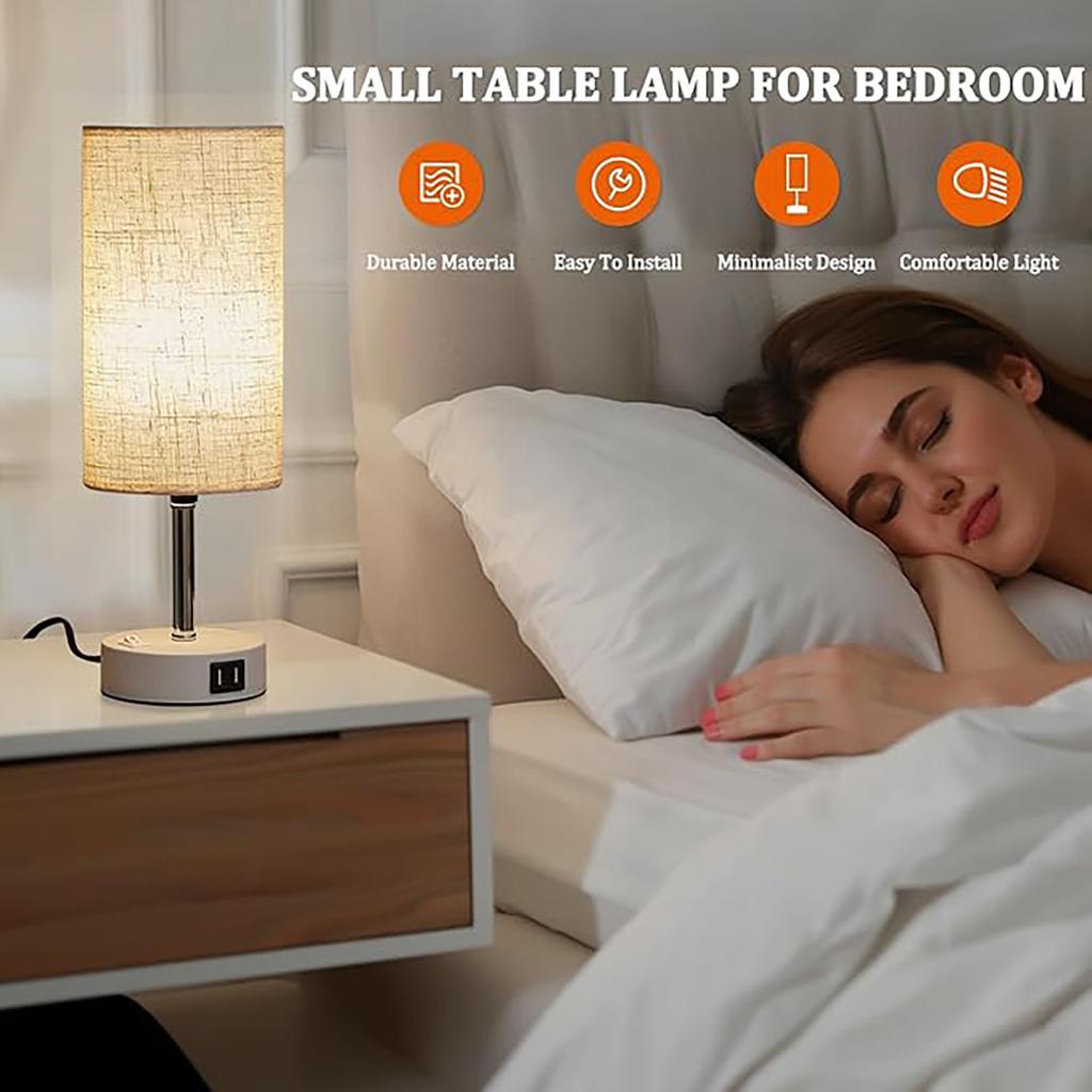 E27 bulb desk lamp with USB port circular linen lampshade suitable for bedroom bedside table decoration light without bulb