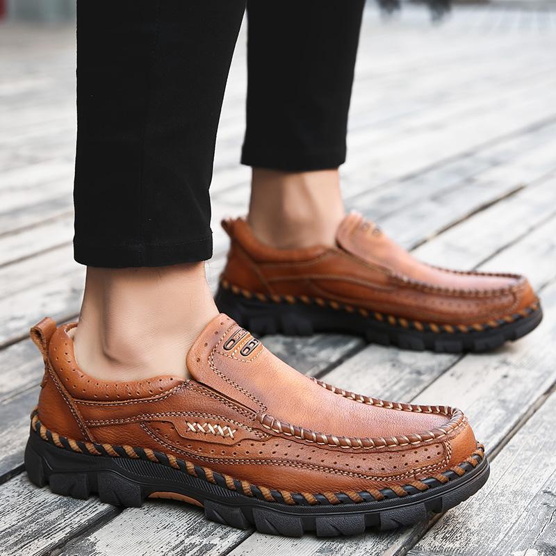 Fashion Men's Slip-On Casual Leather Shoes Wear-Resistant Anti-Skid Round Toe Loafers Thick Bottom Dress Footwear All Season