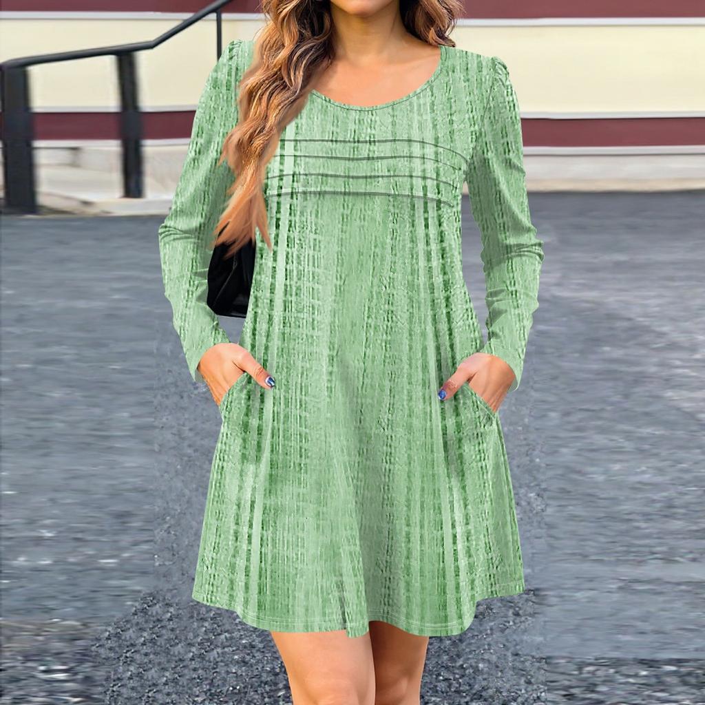 Women's Long Sleeve Dress Fall Casual T Shirt Loose Fit Pleated Front Dresses With Pockets