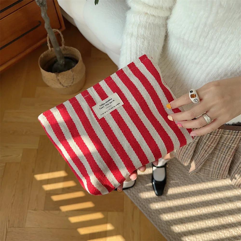 Stripe Canvas Cosmetic Bag Large Capacity Travel Toiletry Organizer for Women Portable Makeup Storage