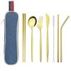 Silver Dinnerware Set Travel Cutlery Set Reusable Silverware Straw Spoons Forks Chopsticks Kitchen Accessory with Bag