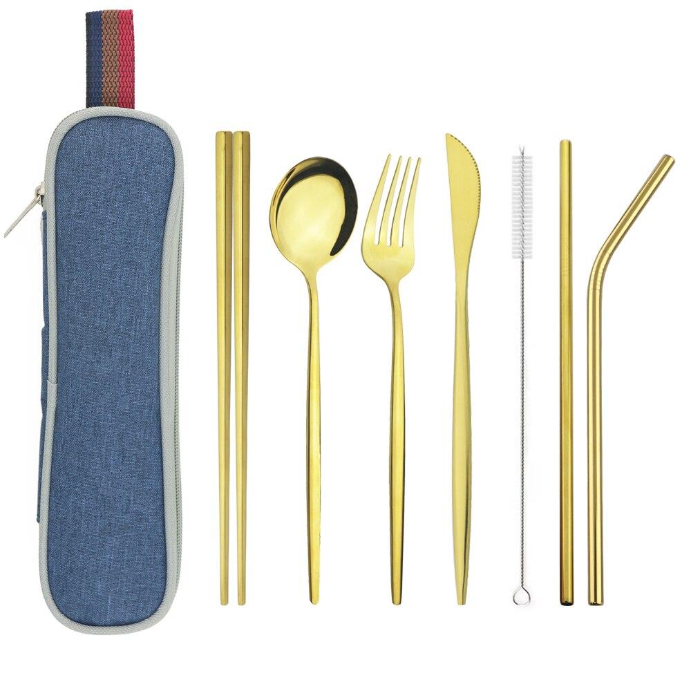 Silver Dinnerware Set Travel Cutlery Set Reusable Silverware Straw Spoons Forks Chopsticks Kitchen Accessory with Bag