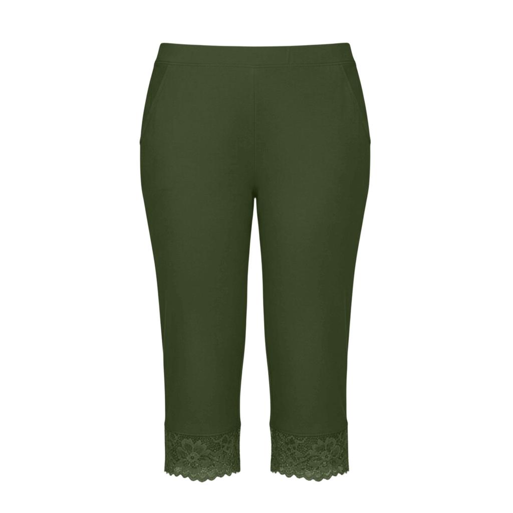 Damen Mode Einfarbig Elastische Taille Caprihose Schmal Geschnitten Spitze Besatz Leggings Freizeit Sporthose