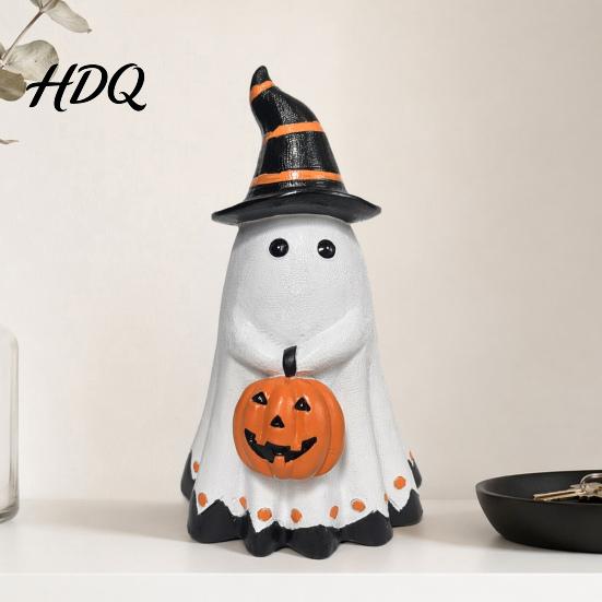 Halloween Home Decor Ghost Figurine Cute Wearing Hat And Holding Festive Figurine