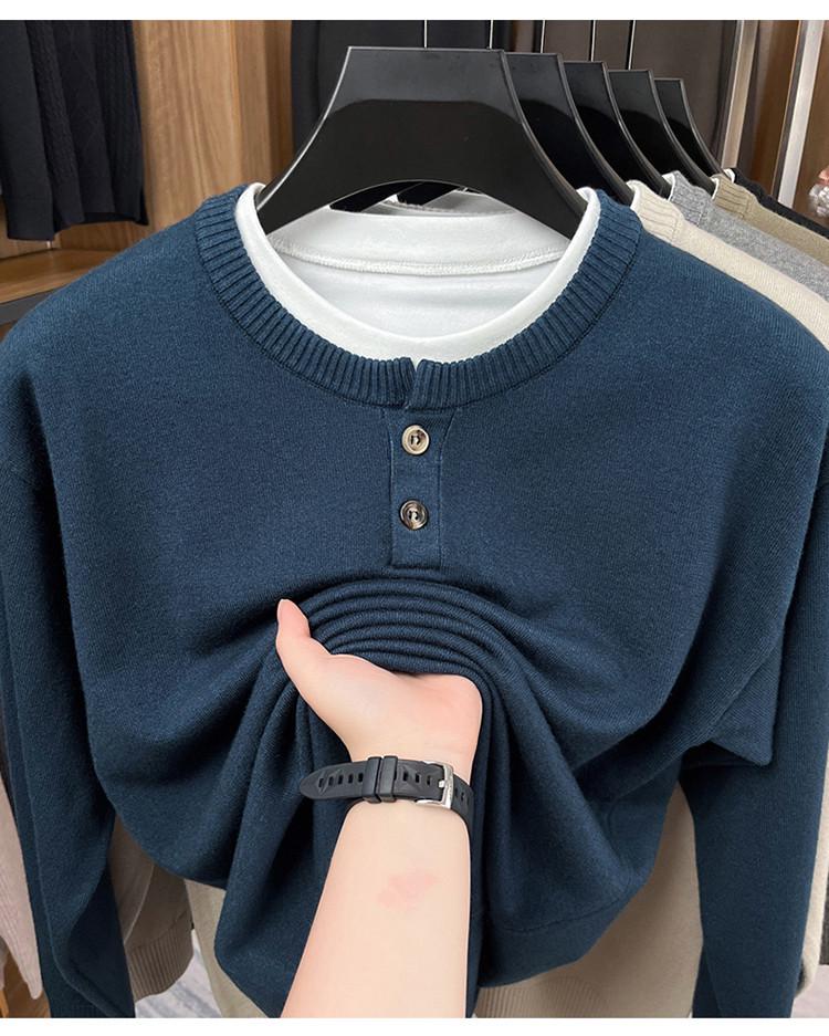 Men's Summer 2025 Heavyweight Henley Collar Two-Piece Look Short Sleeve Casual Knit Sweater