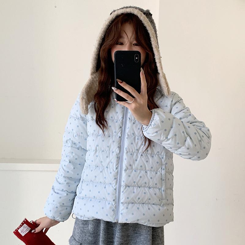 Sweet polka dot ribs hooded down cotton-padded clothes women's winter new short printed cotton-padded jacket