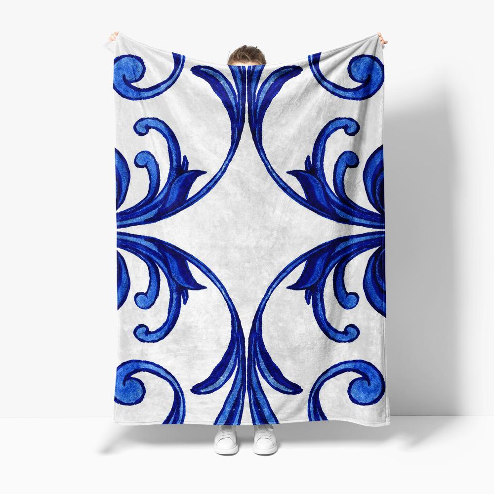 Blue Watercolor Floral Fleece Blanket Soft Throw Cozy Bed Sofa Decorative Blanket Gift 75x100cm (30x40inch)