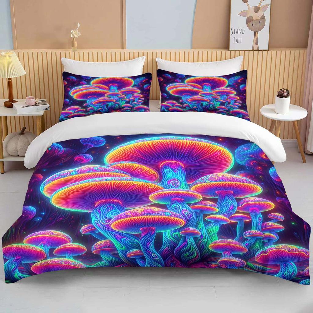 Super Vibrant Neon Psychedelic Mushrooms Print Bedding Set 3PC 1 Duvet Cover 2 Pillowcases Adult and Children Bedding Set Luxury