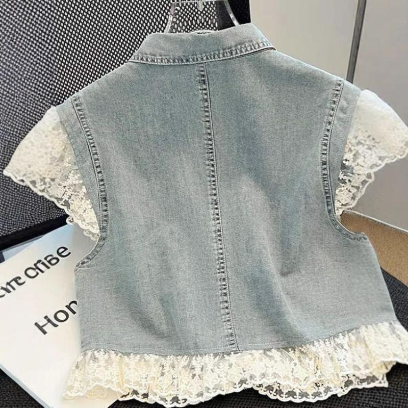 Women's Vintage Light Blue Denim Lace Trim Button Down Top