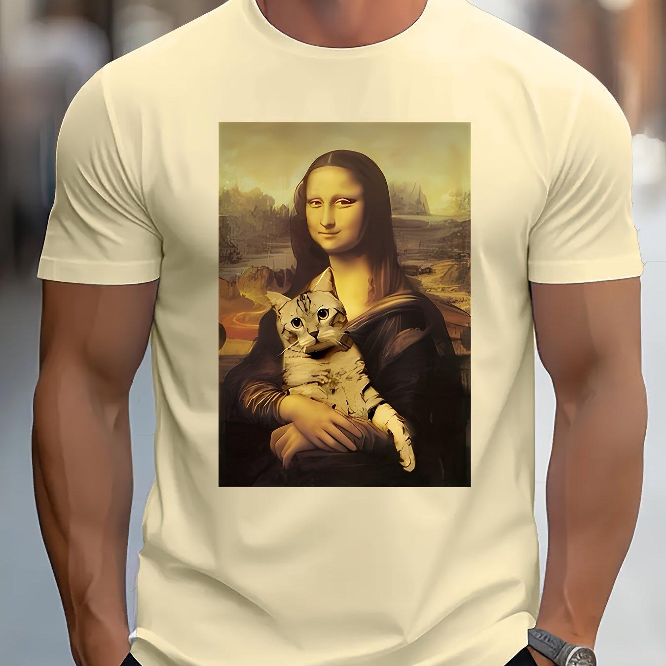 Men Mona Lisa Graphic Tee - Brown Casual Short Sleeve T-Shirt with Feline Portrait Round Neck Summer Everyday Tshirt 4XL