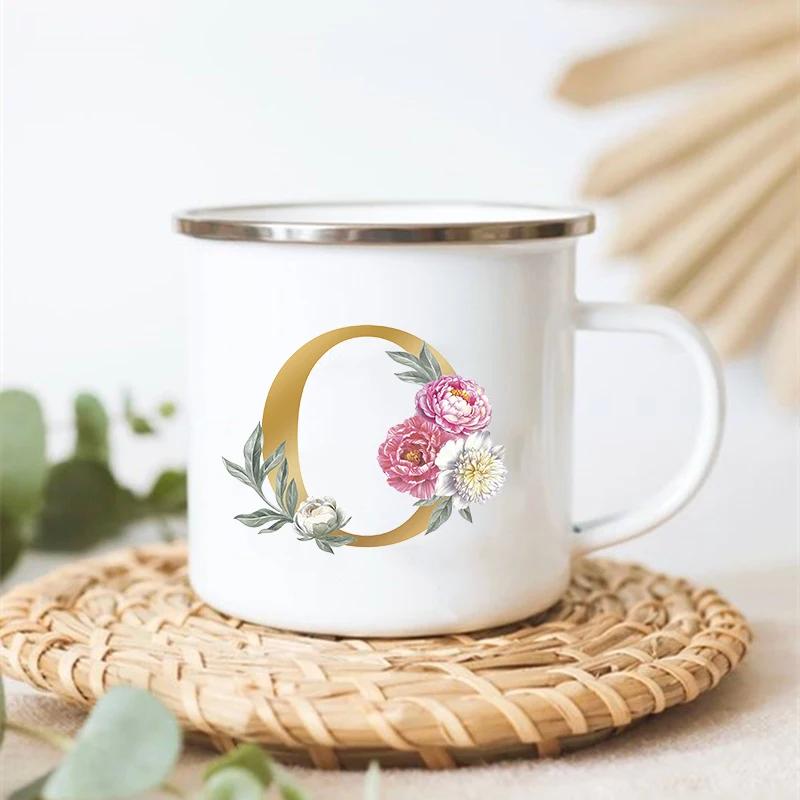 Letter Floral Print Vintage Enamel Mugs Creative Coffee Tea Cup Drink Dessert Milk Cups Handle Drinkware Wedding Bridesmaid Gift