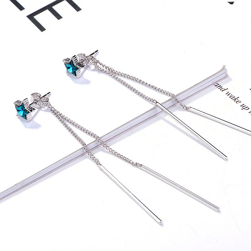 Personality Female Earring  Sterling Silver Asymmetric Blue Star Long Tassel Ear Line Earrings for Women Wedding  Gift