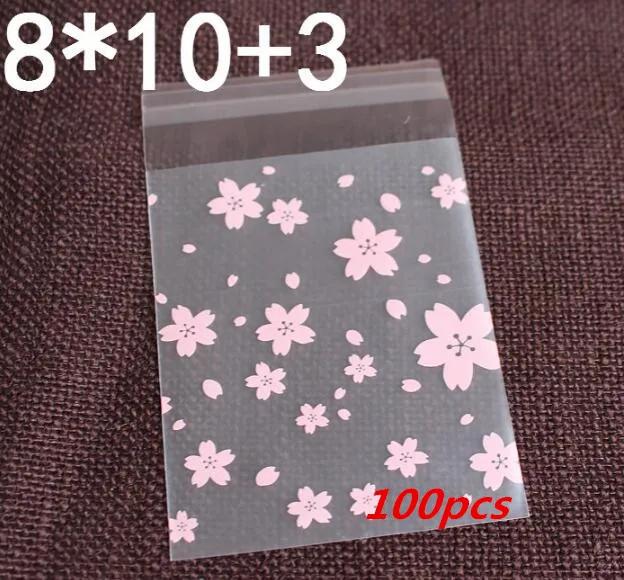 100 szt. Różowe Przezroczyste Kwiaty Wiśni Mini Samoprzylepne Matowe Torebki OPP DIY torebki na cukierki ciasto