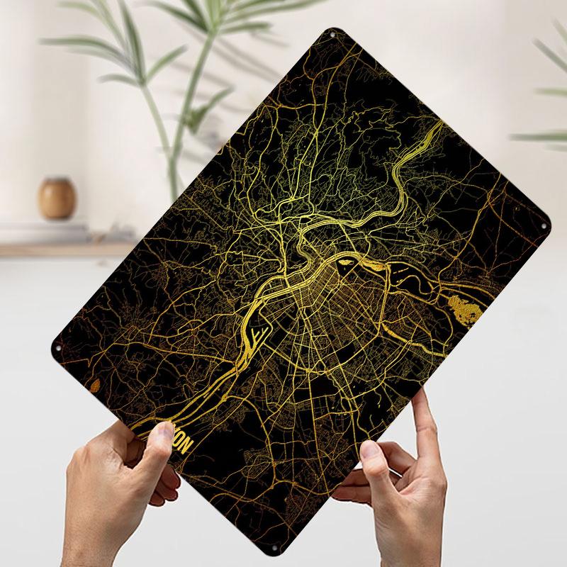 Lyon Gold Map Metal Poster Customized Wall Art Retro Vintage Tinplate Signs for Man Cave Bar Accessories Home Decorations House