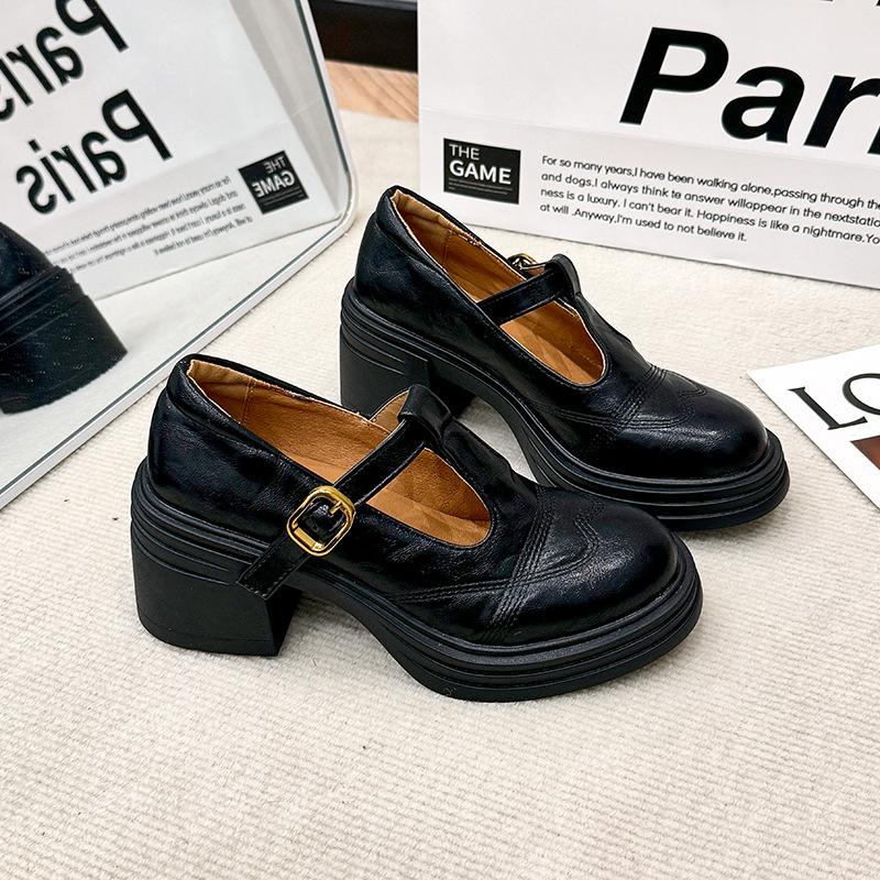

Mary Jane small leather shoes women s 2024 new autumn French Japanese jk uniform shoes student British high-heeled single shoes 35 чёрный