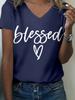 Women's "Blessed" Letter Print V-Neck T-Shirt, Casual Heart Graphic Short Sleeve Top for Daily & Weekend Wear