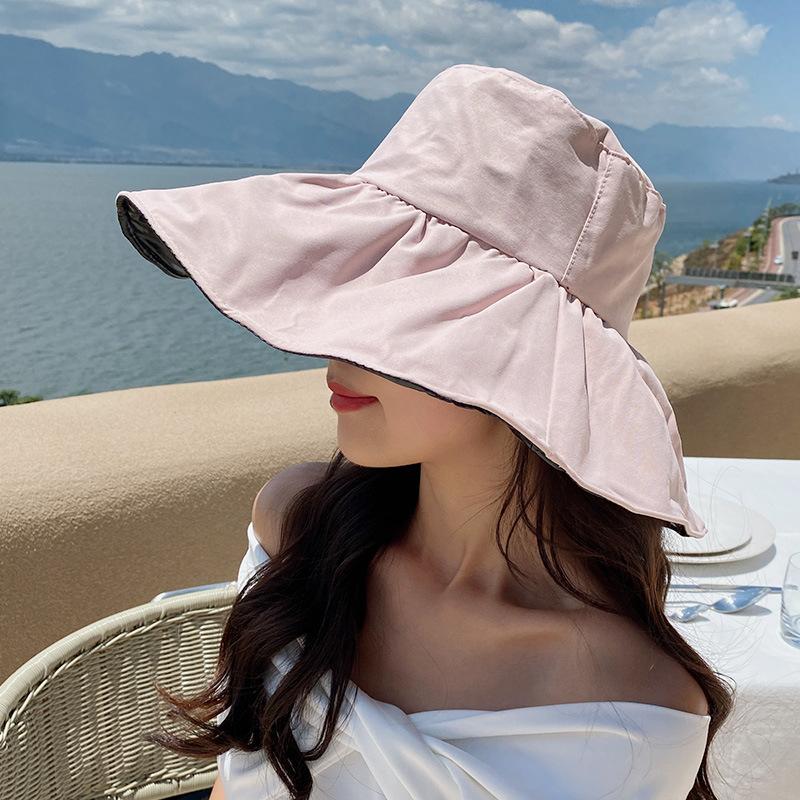 Sunscreen visor hat women's summer vinyl empty top sun hat light big brim face covering foldable bucket hat