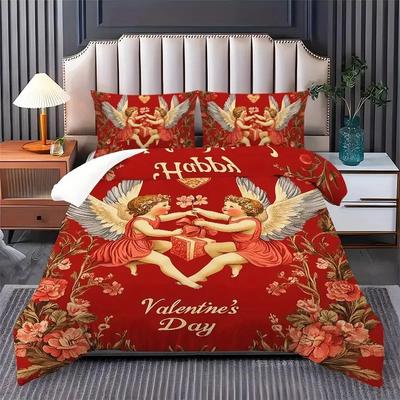 Valentinstag Herz 3-teiliges Polyester-Bettwäsche-Set - Weich & Bequem, Enthält 1 Bettbezug Und 2 Kissenbezüge