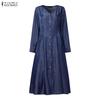 ZANZEA Women Casual V-Neck Long Sleeve Elegant Long Dress