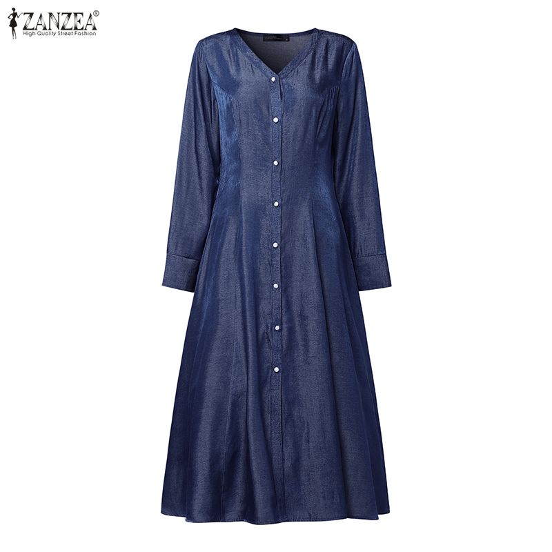 ZANZEA Women Casual V-Neck Long Sleeve Elegant Long Dress