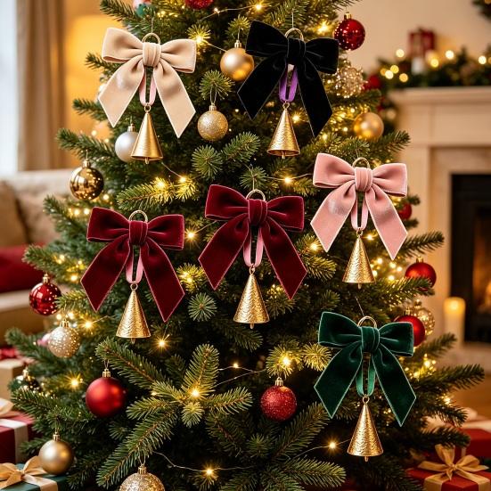 Holiday Party Hanging Ornaments 6 Pcs Velvet Bow with Bell Ornaments, Vintage Rustic Christmas Seasonal Decorative Decoration, Retro Jingle