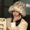 Leopard Print Plush Bucket Hat Outdoor Versatile Face Slimming Hat